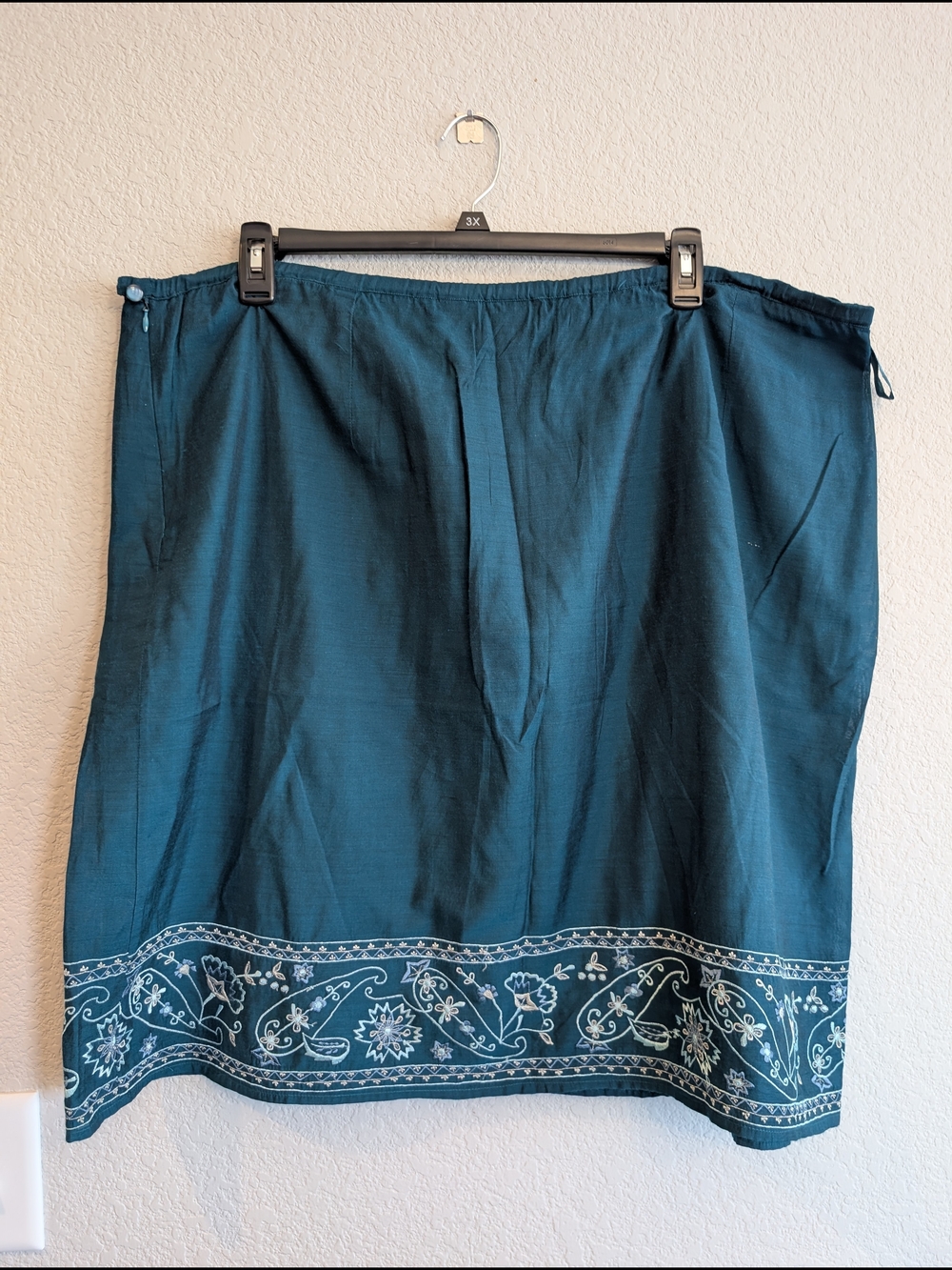 Amanda Smith Plus Sz 3X Teal Embroidered Hem Cotton Shimmer Skirt Boho